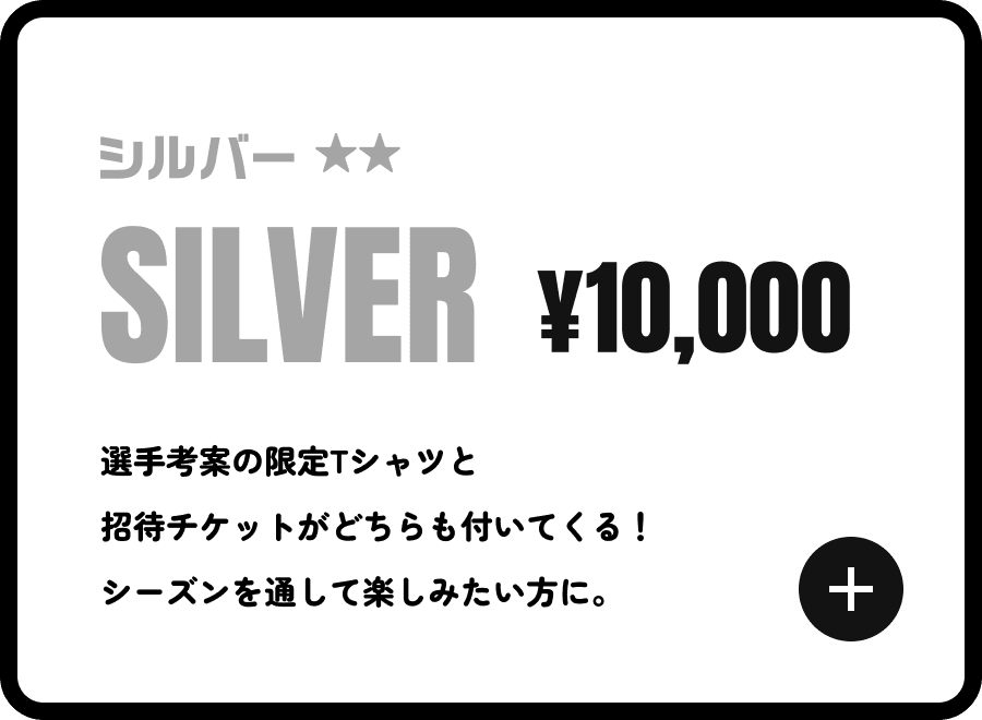 シルバー ¥10,000 選手考案の限定Tシャツと招待チケットがどちらも付いてくる！シーズンを通して楽しみたい方に。